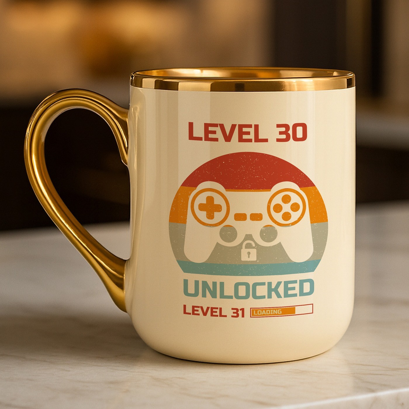 Kaffeebecher mit Goldakzenten und Aufdruck für ihn zum 30. Geburtstag