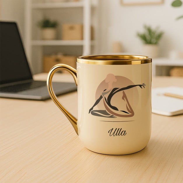 Kaffeebecher mit Goldakzenten und Aufdruck für eine Yoga-Lehrerin