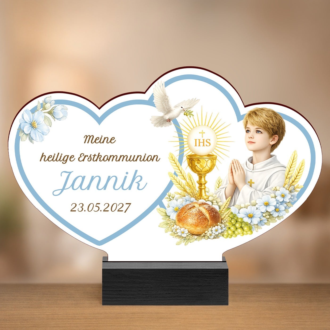 Holz-Statuette mit Aufdruck für einen Jungen zur heiligen Kommunion