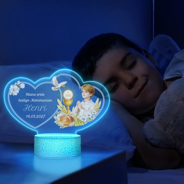 Nachtlicht mit buntem Aufdruck und LED-Sockel für einen Jungen zur Erstkommunion