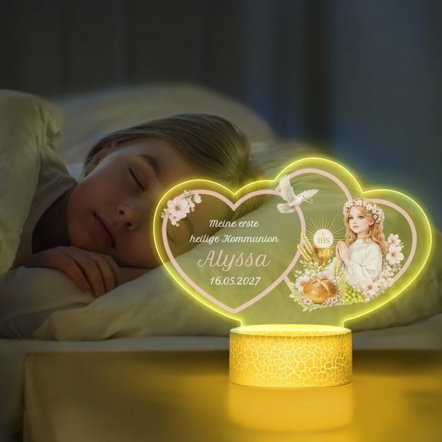 Nachtlicht mit buntem Aufdruck und LED-Sockel für ein Mädchen zur Erstkommunion