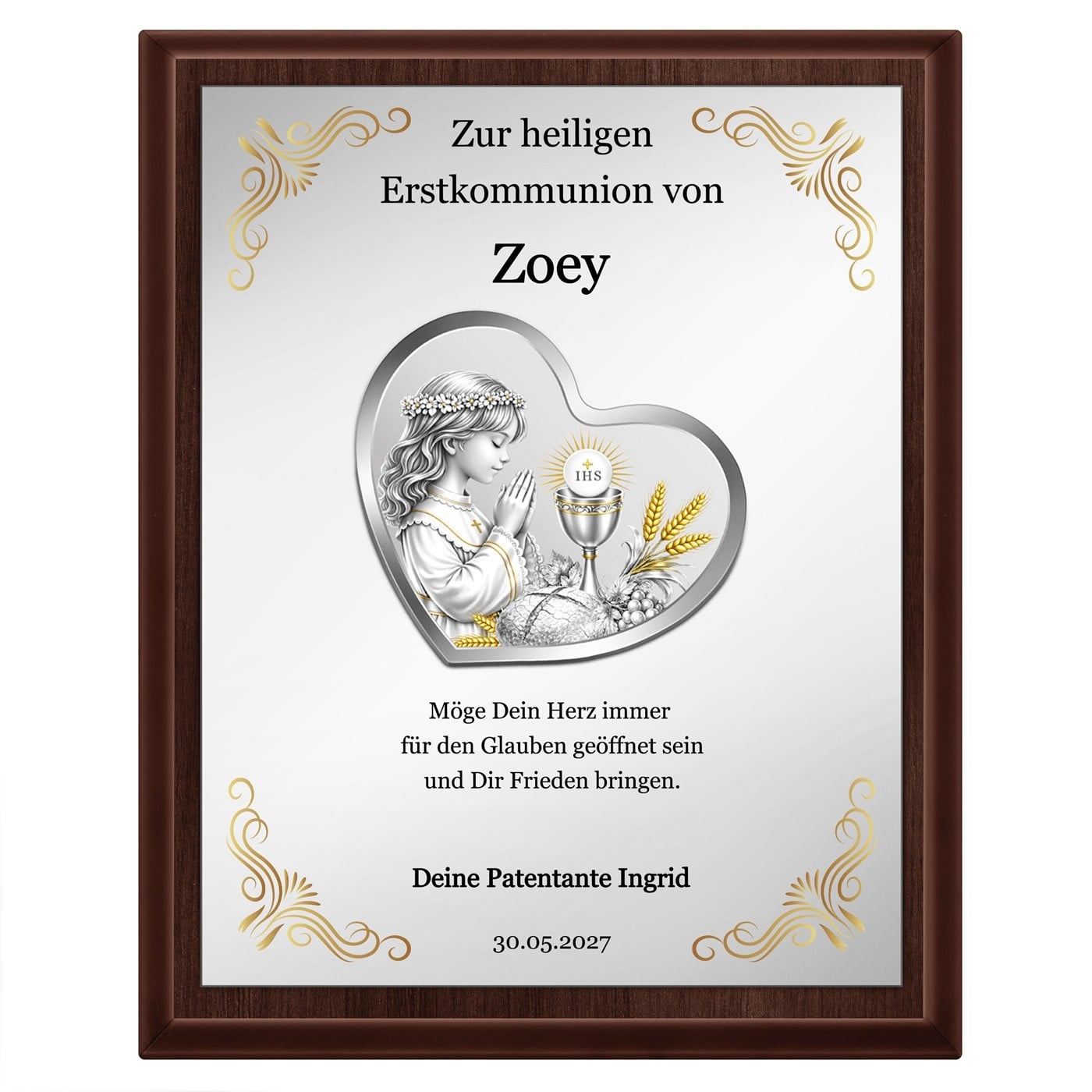 Personalisierte Holztafel mit Aufdruck für ein Mädchen zur Kommunion