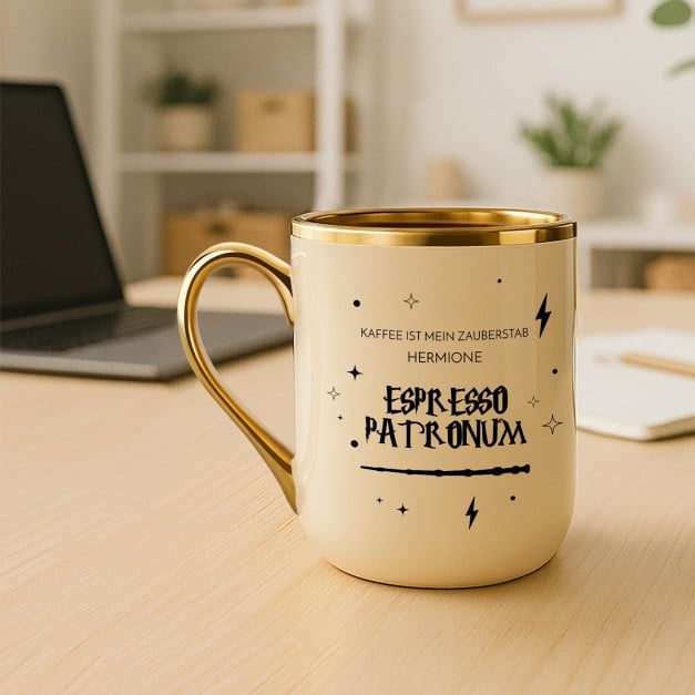 Kaffeebecher mit Goldakzenten und Aufdruck für eine Kaffee-Genießerin, Harry Potter Fan zum Geburtstag