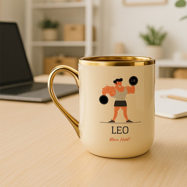 Kaffeebecher mit Goldakzenten und Aufdruck für einen echten Kraftprotz zum Valentinstag, Geburtstag