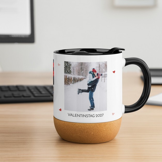 Kaffeebecher mit Foto Weiß/Glänzend mit Korkboden für Ihre Ehefrau zum Valentinstag