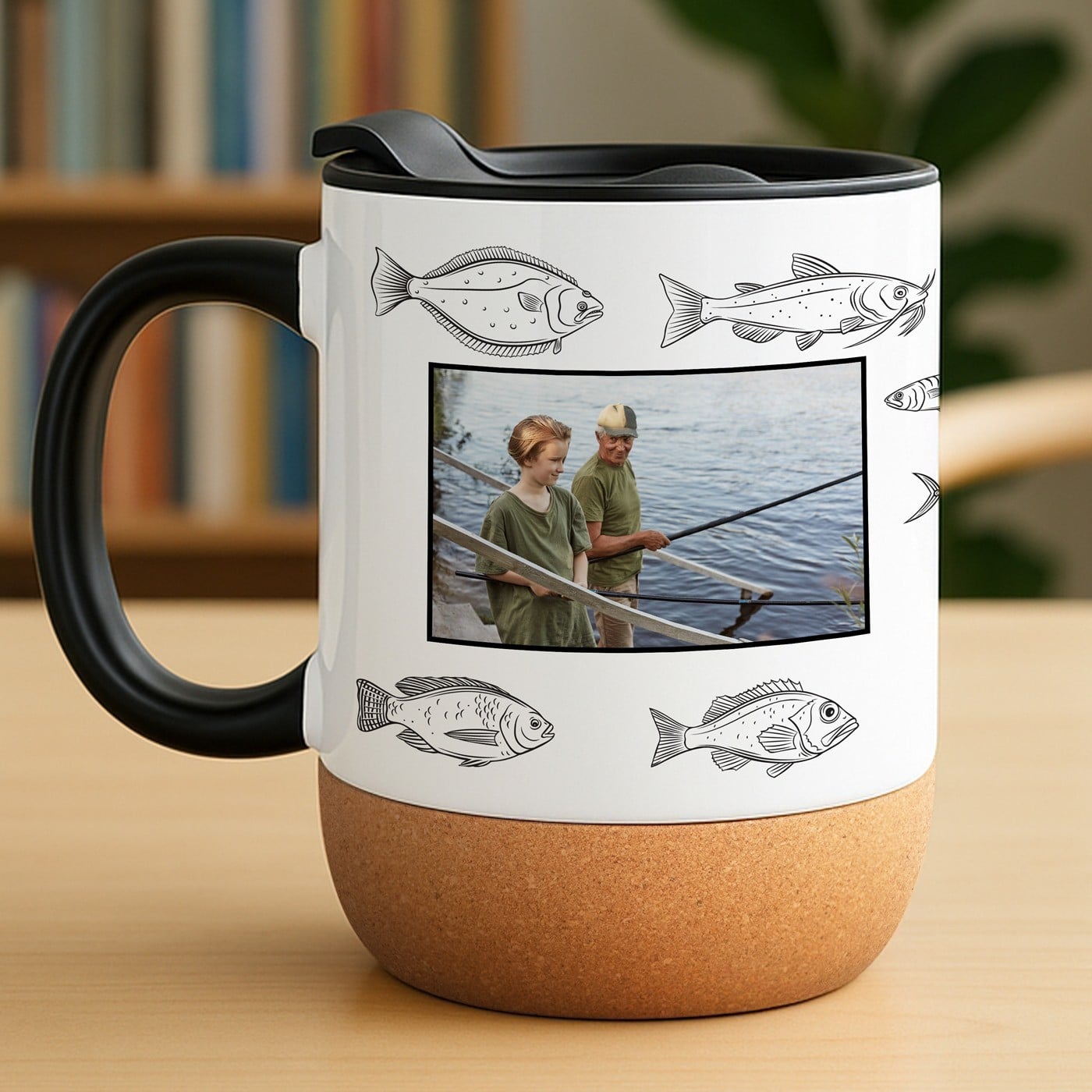 Kaffeebecher mit Foto Weiß/Glänzend mit Korkboden für Ihren Großvater Angler zum Geburtstag