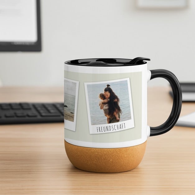 Kaffeebecher mit Foto Weiß/Glänzend mit Korkboden für sie/ihn zum Jahrestag