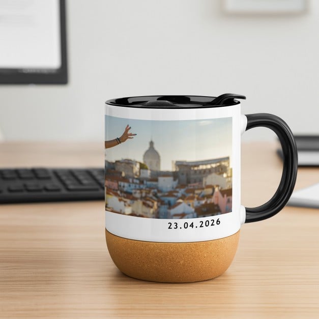 Kaffeebecher mit Foto Weiß/Glänzend mit Korkboden für einen Weltenbummler