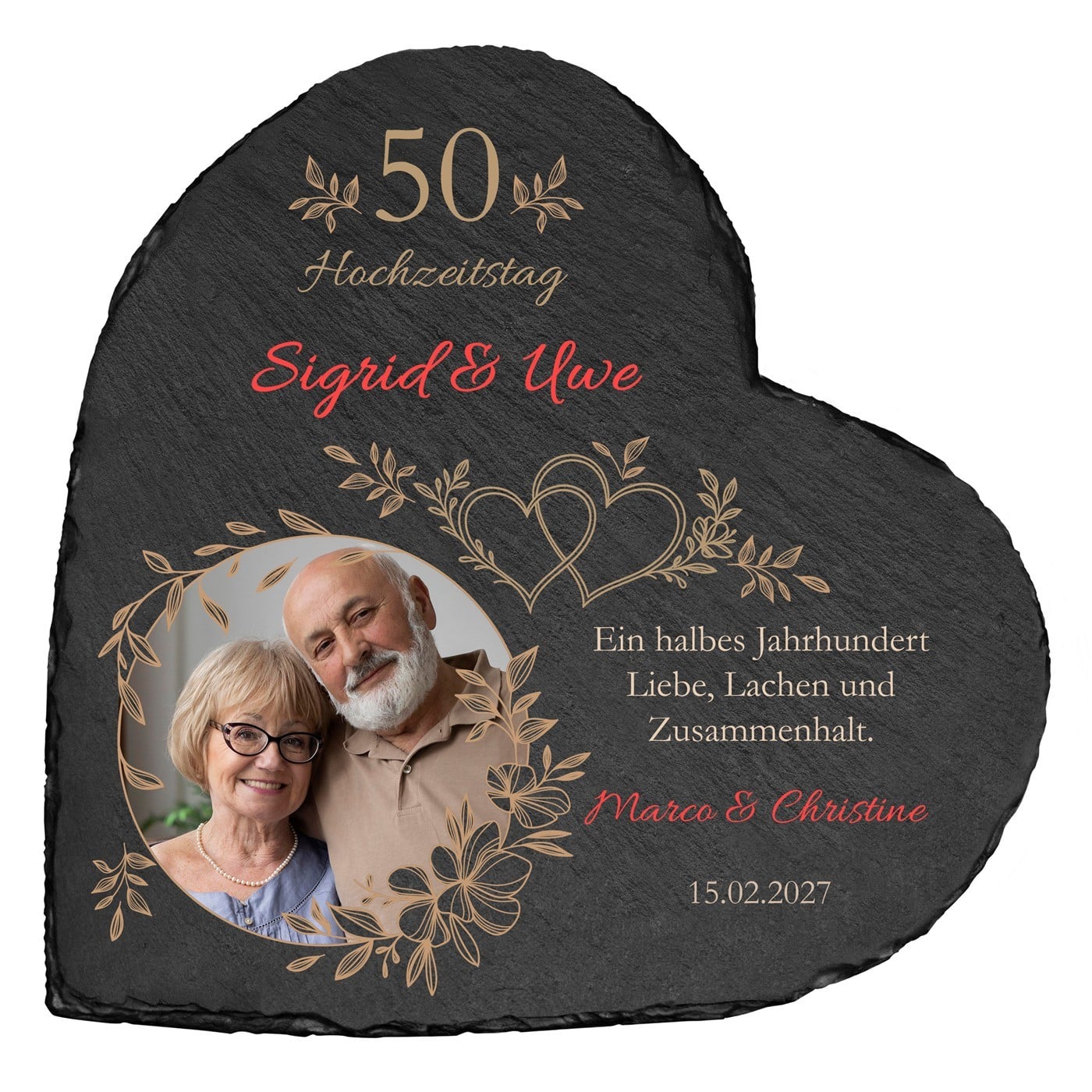 Herzförmige Schieferplatte mit Aufdruck für Ihre ein Paar zum 50. Hochzeitstag