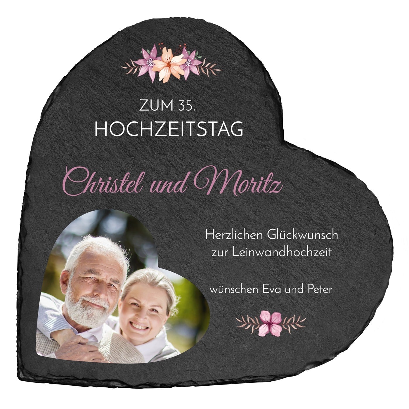 Herzförmige Schieferplatte mit Aufdruck zum 35. Hochzeitstag
