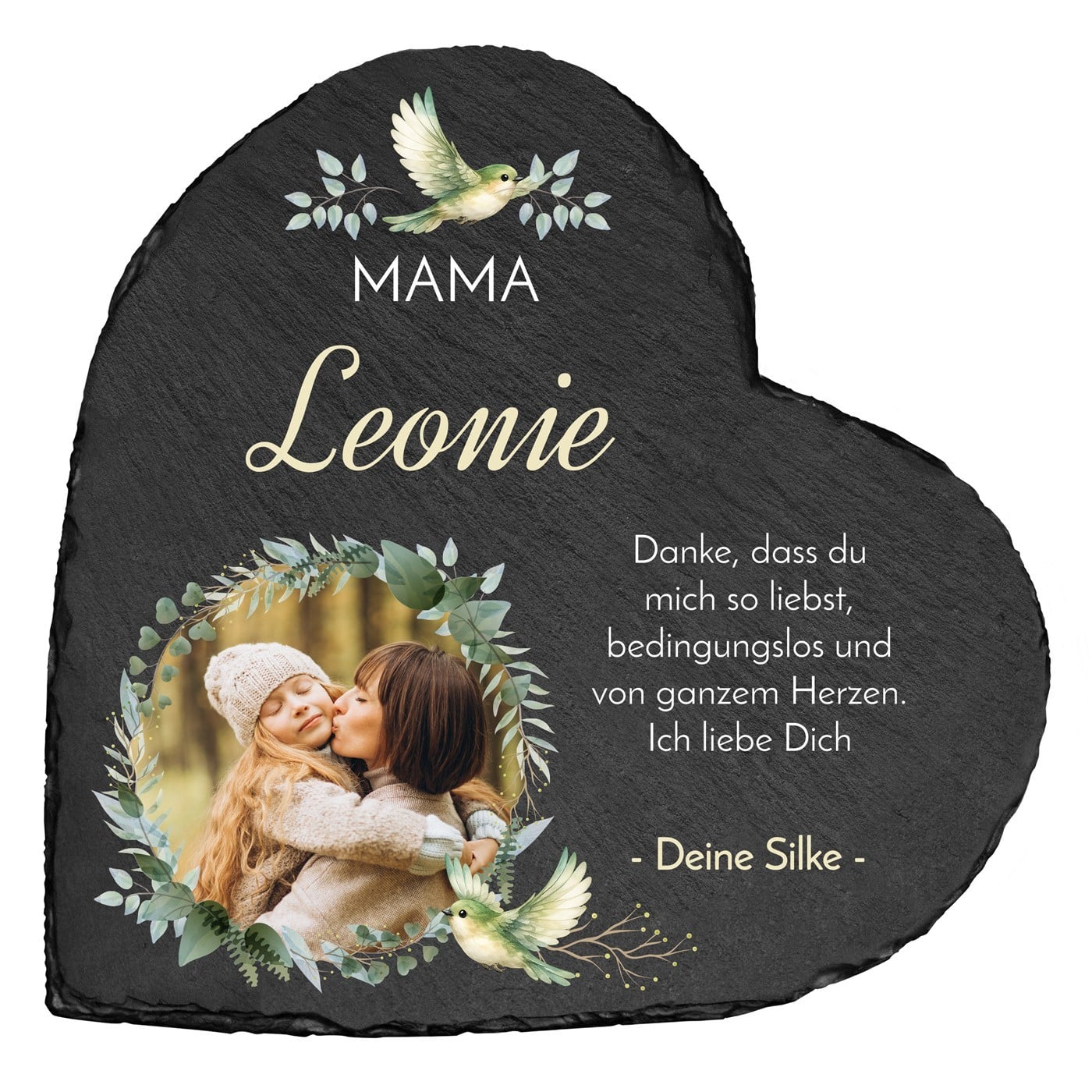 Herzförmige Schieferplatte mit Aufdruck für Ihre Mama zum Muttertag