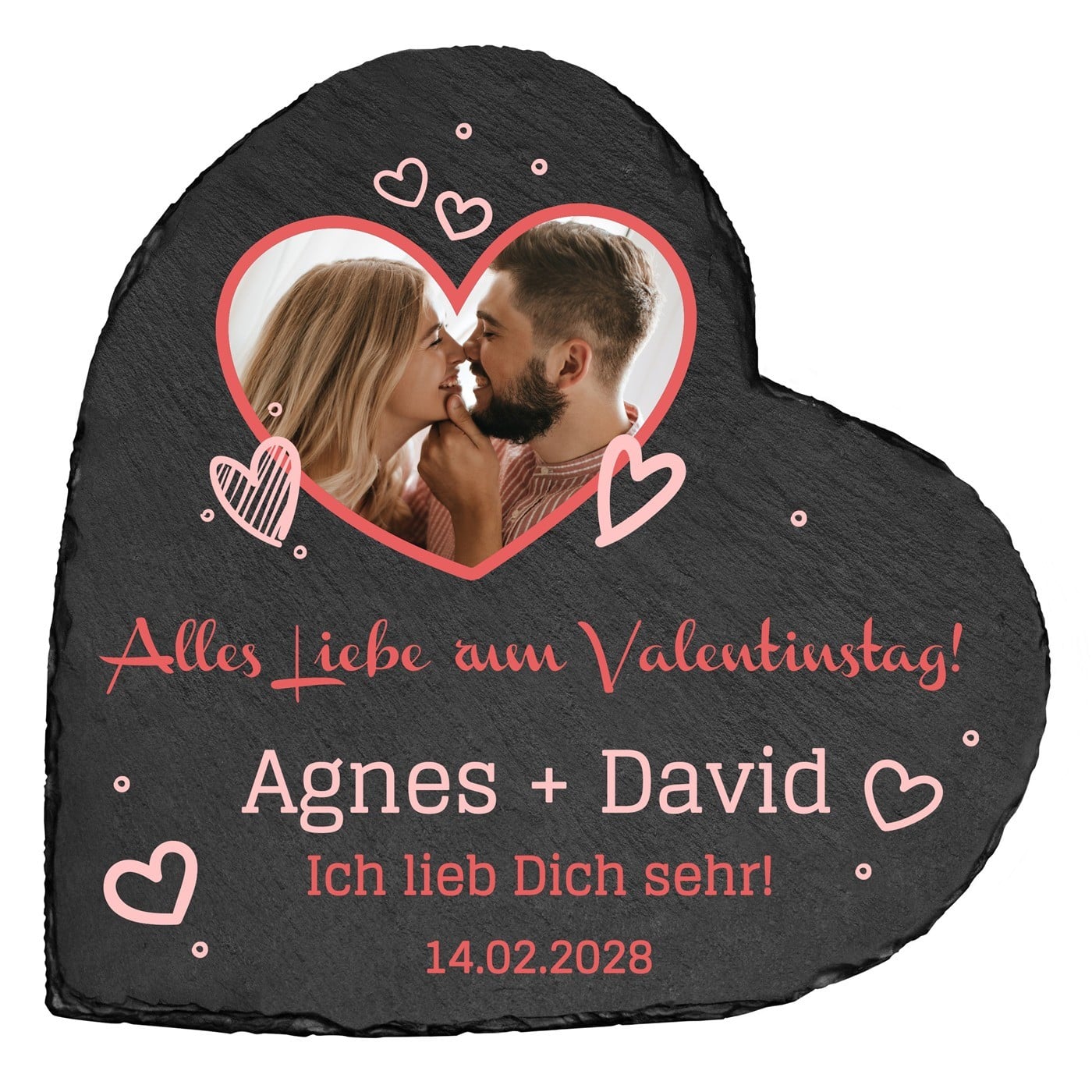 Herzförmige Schieferplatte mit Aufdruck zum Valentinstag