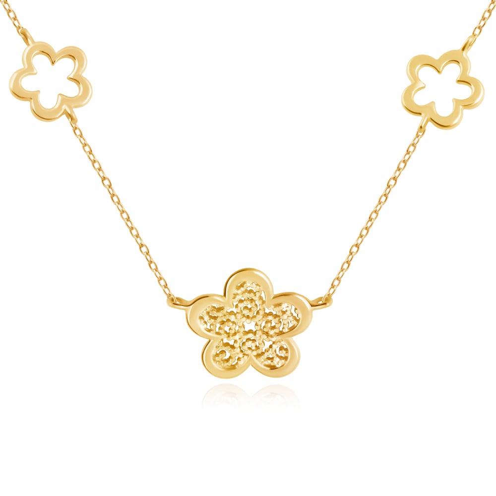 Promi Damenhalskette mit Blumenanhängern aus 333er Gold in exklusiver Geschenkbox mit Gravur